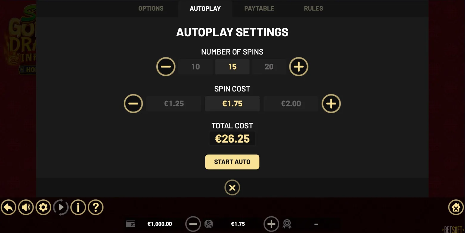 Super Golden Dragon Inferno Autoplay Settings panel
