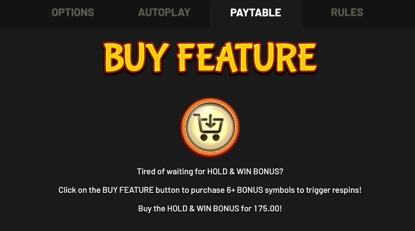 Buy Feature screen showing Hold and Win Bonus purchase option for 175.00