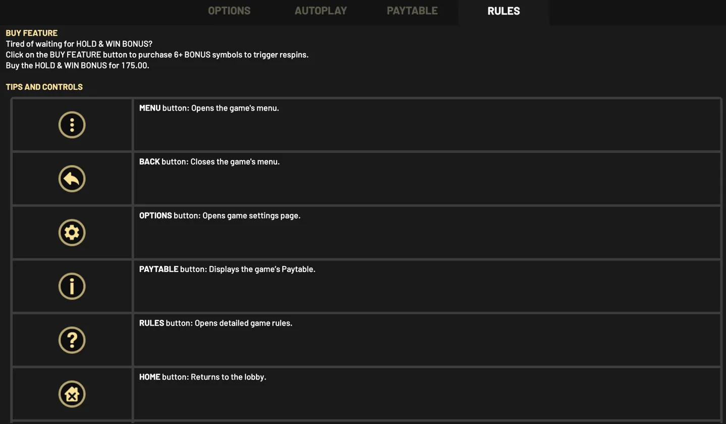 Super Golden Dragon Inferno top menu bar controls