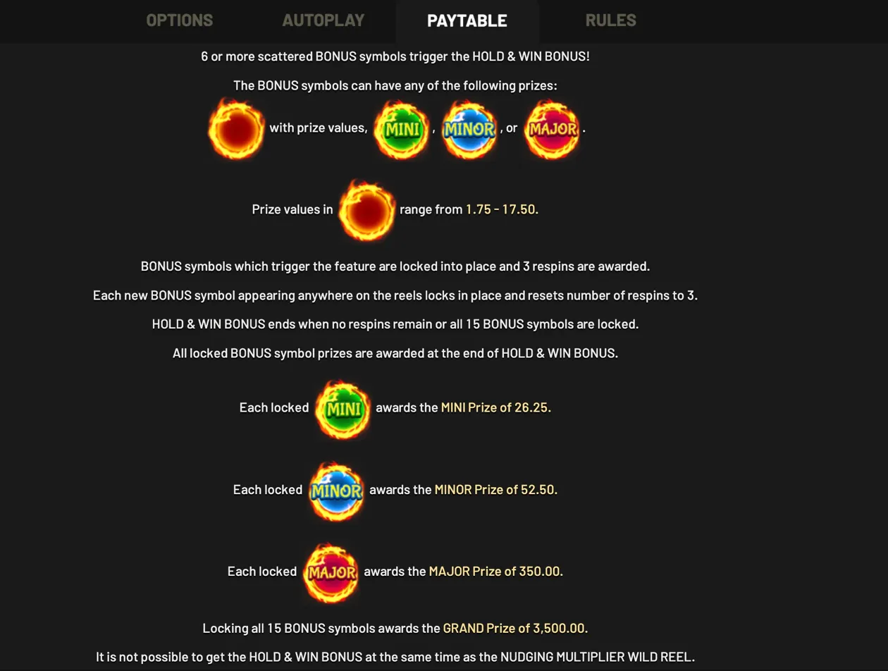 Hold and Win Bonus rules with Mini, Minor, Major jackpot symbols and prize values