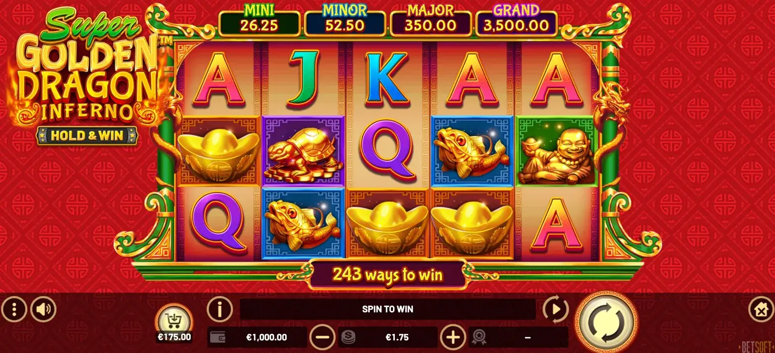Super Golden Dragon Inferno main game interface with four-tier jackpot tracker